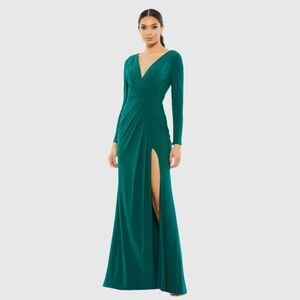 Ieena Mac Duggal V-Neck Long Sleeve High Slit Gown Maxi Dress Emerald Green 6